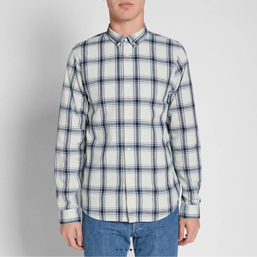 A.P.C. Mens Large 100% Cotton Checked Button Down Collar Shirts Navy Blue/White